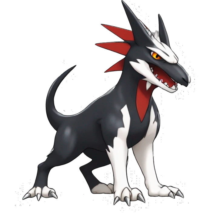 Black Cool Edgy Nargacuga-Houndoom-Garchomp Fakémon Digimon with Red and white Edgy markings, full body, outlined emoji