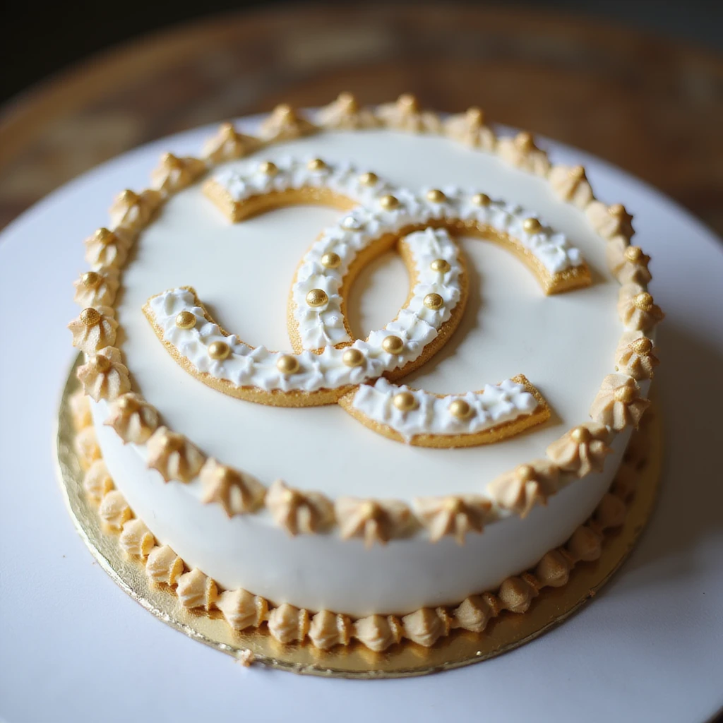 photorealistic cake shaped like the Chanel logo, elegant white and gold decoration, no background emoji