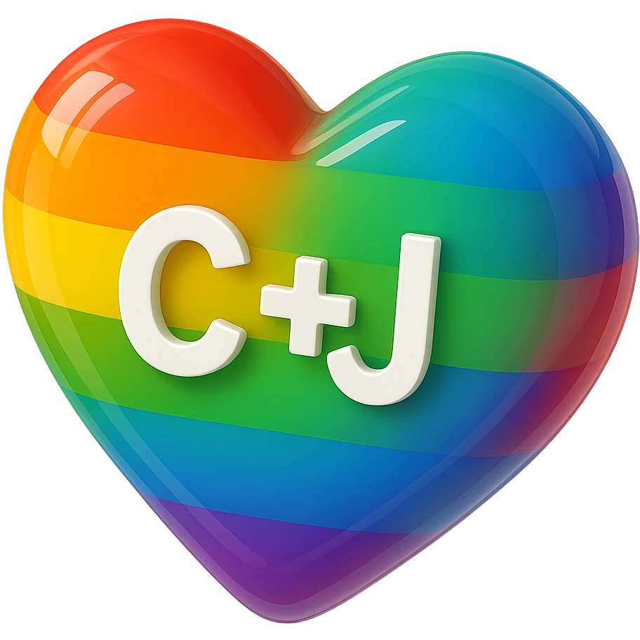 Remove the circuit board pattern from the heart. Transform the heart into a glossy 3D style with smooth classic pride rainbow stripes in red, orange, yellow, green, blue, and purple. Place the initials 'C+J' in the center of the heart. Keep the look modern and vibrant. emoji