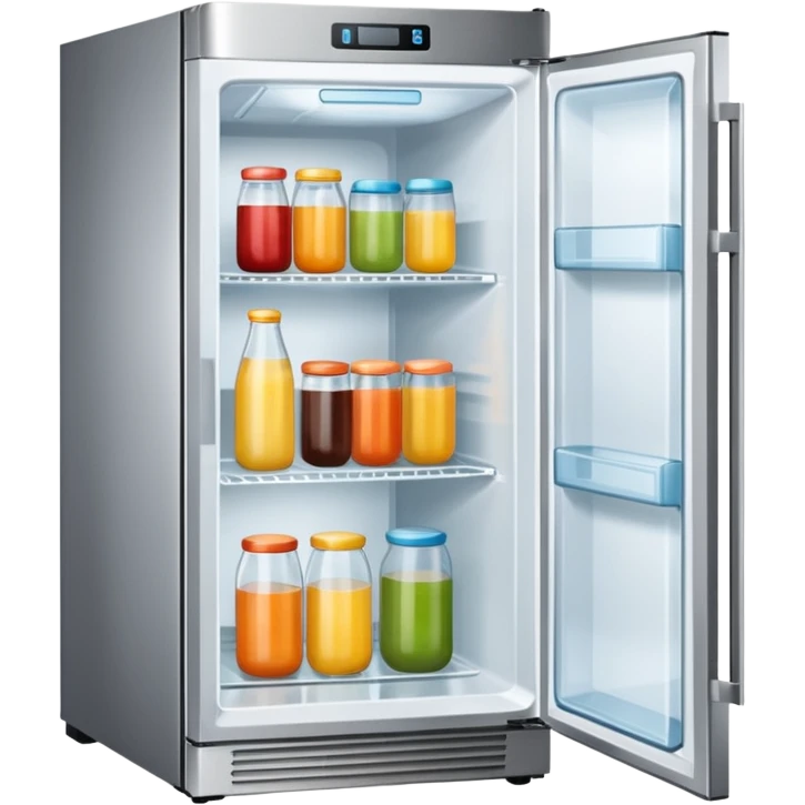 A refrigerator with a transparent front glass divided into three compartments, empty and unoccupied. The refrigerator faces forward. emoji
