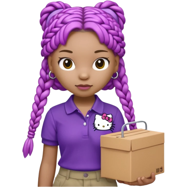 hello kitty wearing purple polo shirt and kyaki pants with long box braids emoji