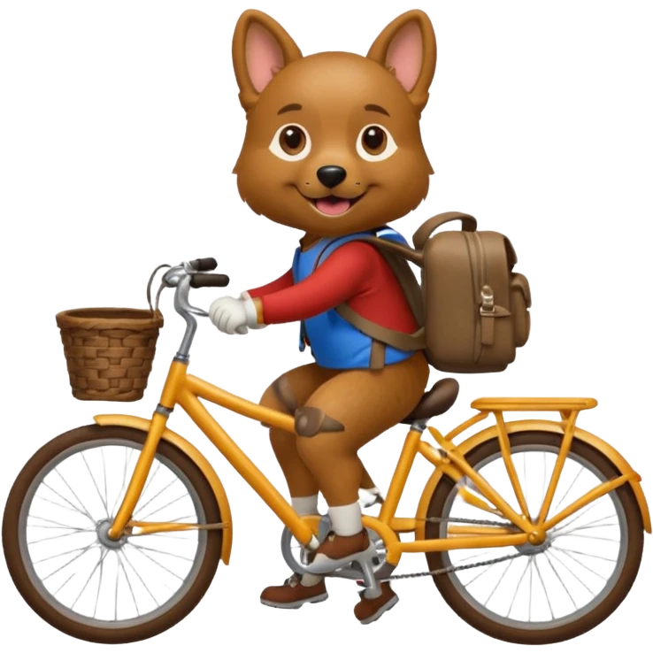 A dog is riding a bicycle and wearing a backpack. emoji