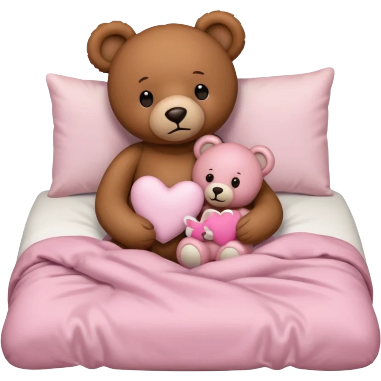 Brown teddy bear cuddling with a light pink teddy bear in bed emoji