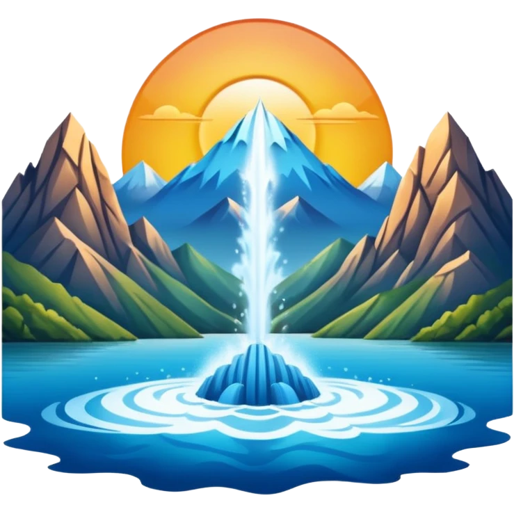 Please generate an image of a sunrise illuminating a lake with a huge water jet pointing only in one direction (upward and then down on one side) like that in the Geneva lake and some mountains in the background. emoji