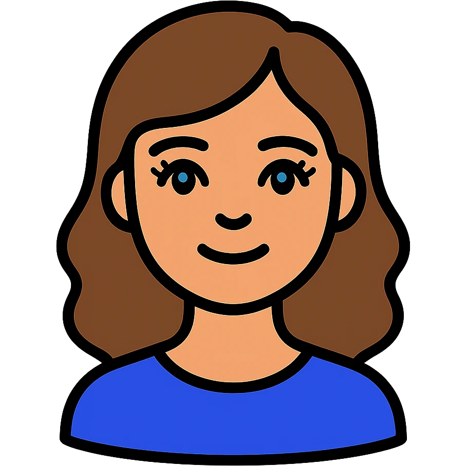 An icon-style emoji of a brunette girl with medium, slightly wavy hair, normal skin tone, a button nose, beautiful blue eyes with eyelashes, with a slight smile. emoji