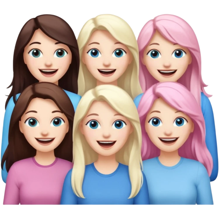 four adult white women laughing and smiling.  Two have long dark brown hair.  One has long pale pink hair and blue eyes. one has with blue eyes and light blonde hair. emoji