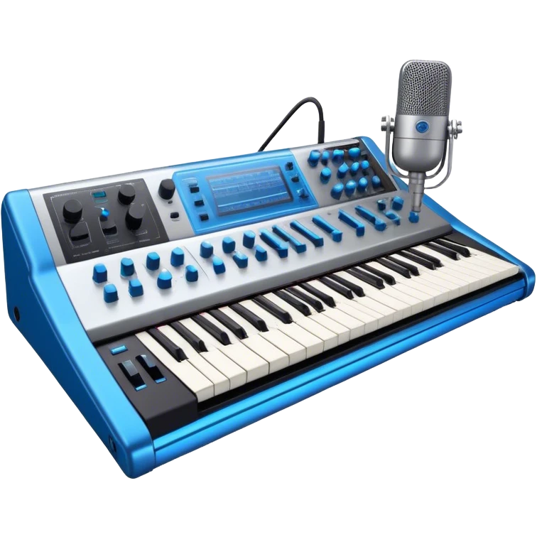 Create a professional and detailed emoji that represents sound design. The design should feature a high-end studio synthesizer (like the Korg), a sound mixing console with visible wires, large studio speakers, and a microphone to symbolize the essential equipment in sound design. Add musical note waves flowing around the equipment to emphasize the connection between sound creation and musical composition. Use sleek, modern colors like black, silver, and neon blue to represent the professional and futuristic nature of sound design. The background should be transparent. emoji