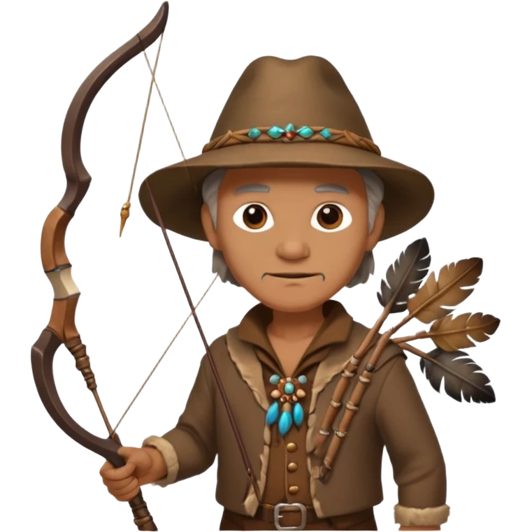 The classic image of a middle-aged uncle hunter carrying a bow, dressed in brown clothes, with some ornaments made of feathers, bones or teeth on his body. emoji