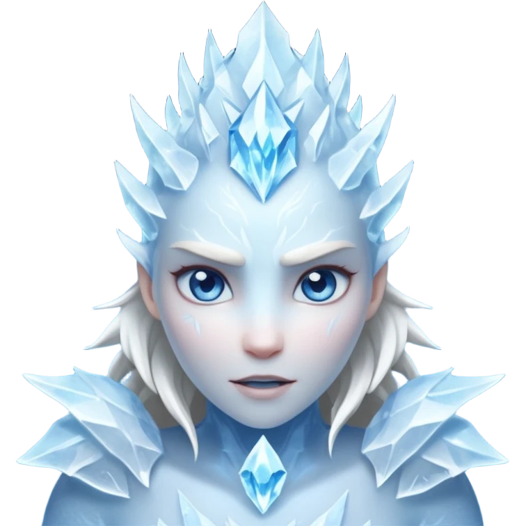 ice creature portrait, head and shoulders only, frozen crystal skin, glowing blue eyes, frost aura, sharp icy textures, fantasy winter vibe, 3D cartoon, mobile game icon style, clean background, no text, no watermark
 emoji