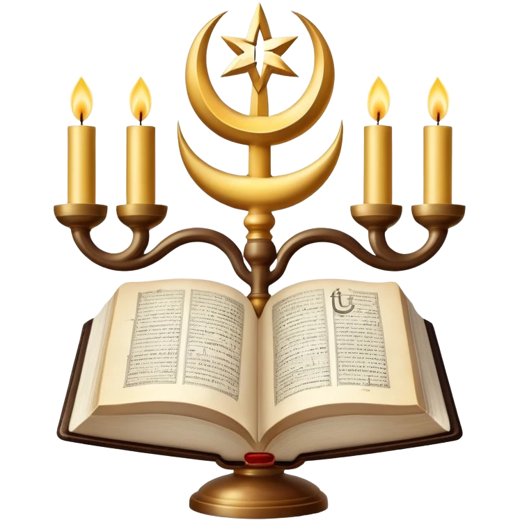 An icon featuring a Holy Bible, The Quran, Tara and the menorah, The Orthodox cross, a crescent moon, symbolizing the study of religions. The design includes diverse religious symbols and a globe, representing global beliefs and spiritual practices. Transparent background. emoji