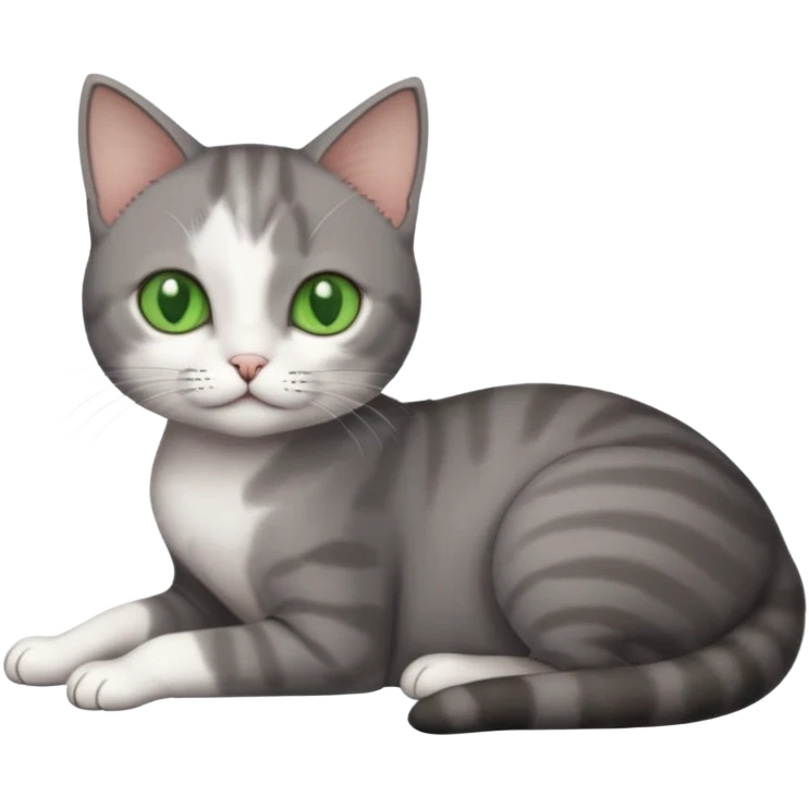 full body tiny short hair dark grey and white cat with white front legs and green  eyes lying down emoji