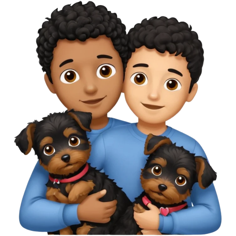 Young man with little brown skin, black curly hair, cheerful dark brown eyes, hugging two yorkie terrier  emoji