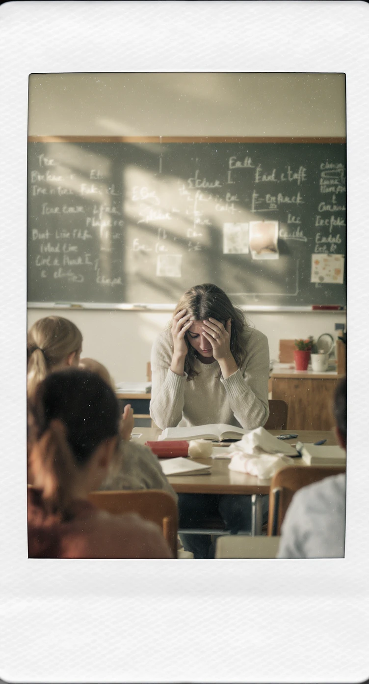 exhausted teacher in a bustling classroom emoji