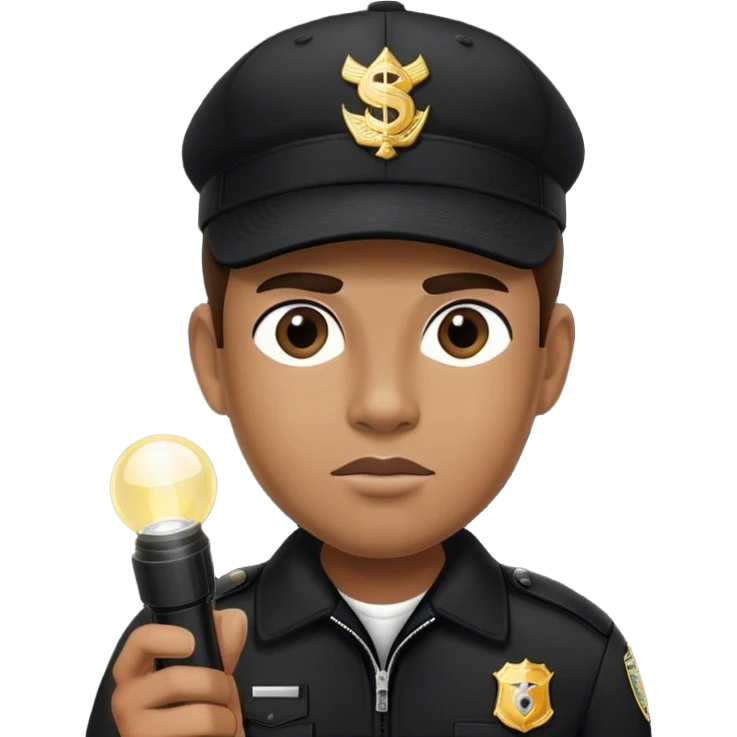 A vigilant male security guard wearing a black uniform, a baseball cap with ‘SECURITY’ embroidered on it, and a black jacket. He holds a flashlight  shining its beam forward emoji