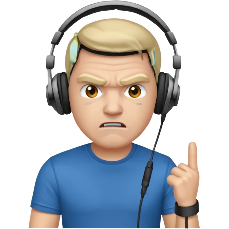 Male, angry, wearing headphone having mic, t-shirt 
 emoji