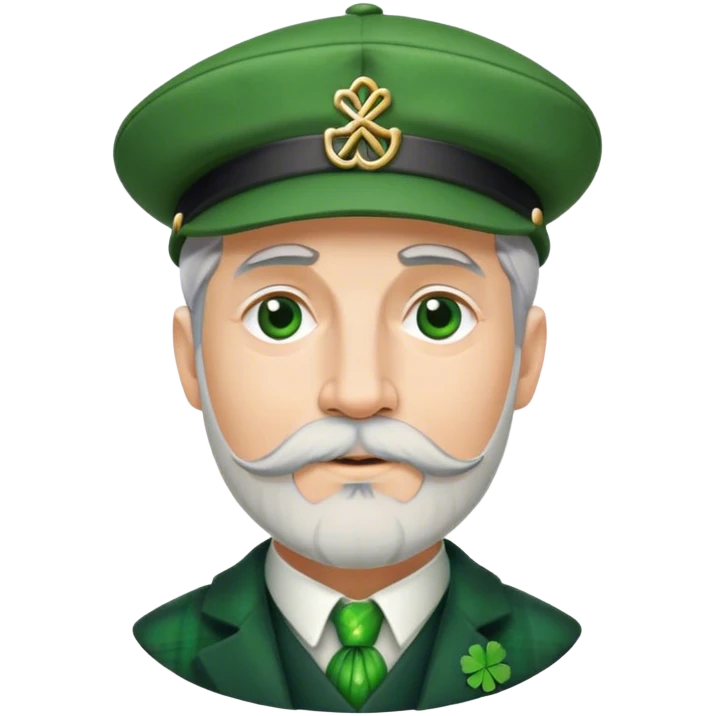 Tall grey haired man with goatee wearing a green peaky hat and kilt st. Patrick’s Day emoji