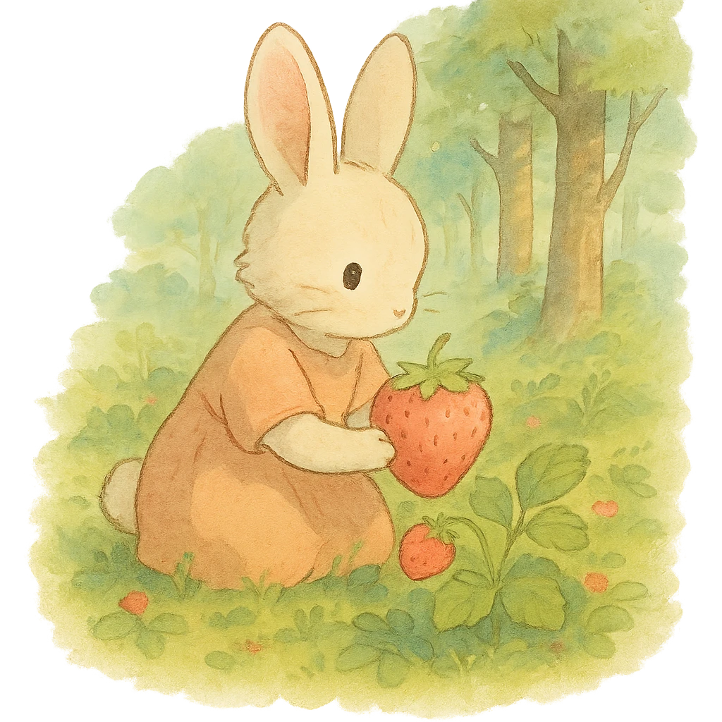bunny picking strawberries in the woods, sweet pastel red, soft ghibli style emoji