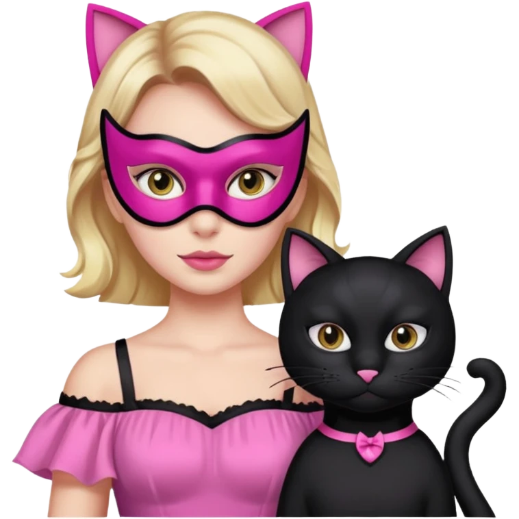 a black cat with pink mask and dress, half upon
 emoji