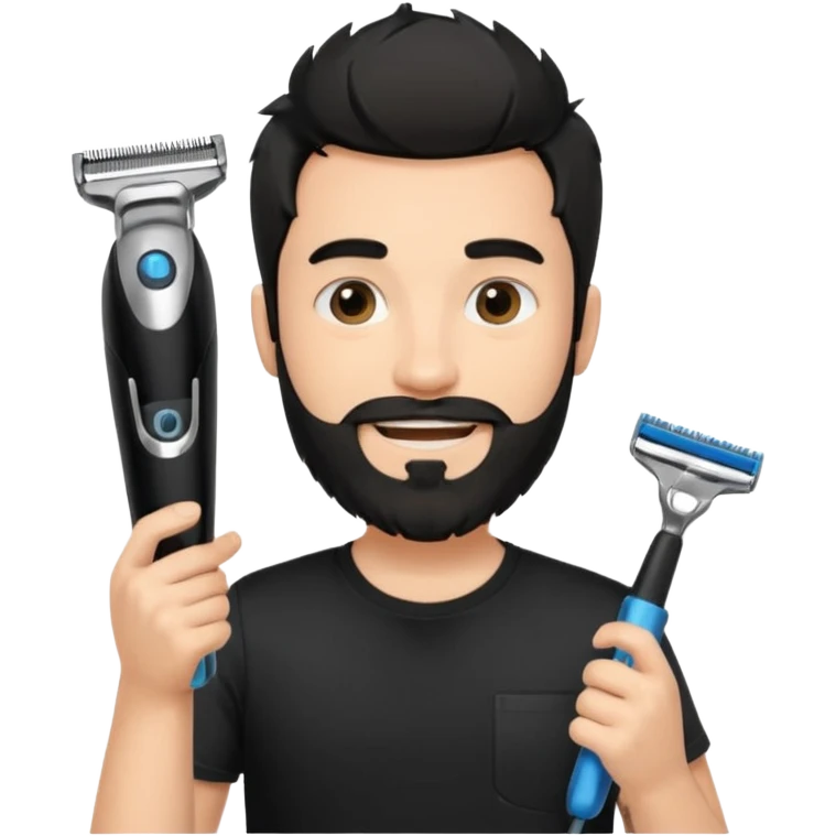 smiling young fair-skinned man with messy black hair and beard, wearing a black t-shirt, holding a single face beard trimmer in one hand, trimmer true to real size emoji
