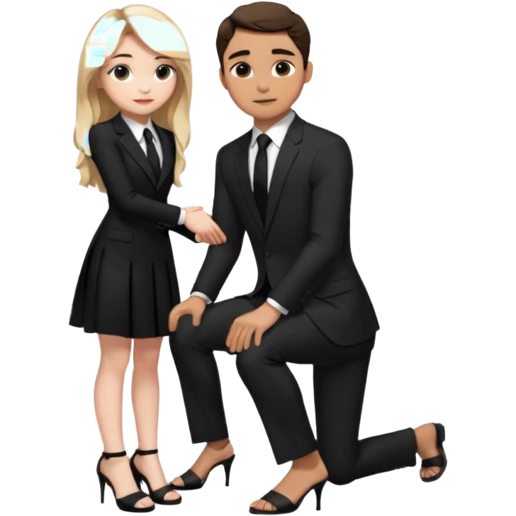  Sabrina carpenter kneeling down wearing a black dress with a tie with black heel sandals, putting her hand on man’s leg who is standing  emoji