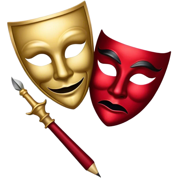 Create a bold and dramatic emoji representing the art of playwriting. The design should feature an open script or a theater playbook, with stylized text inside. Include elements like a theatrical comedy and tragedy masks, a stage spotlight, or a writting quill to symbolize creativity and performance. Use deep, contrasting colors like red, black, and gold to evoke the intensity and passion of drama. The overall design should feel dramatic, inspiring, and artistic. Make the background transparent.
 emoji