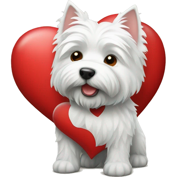 White highland terrier holding a heart emoji