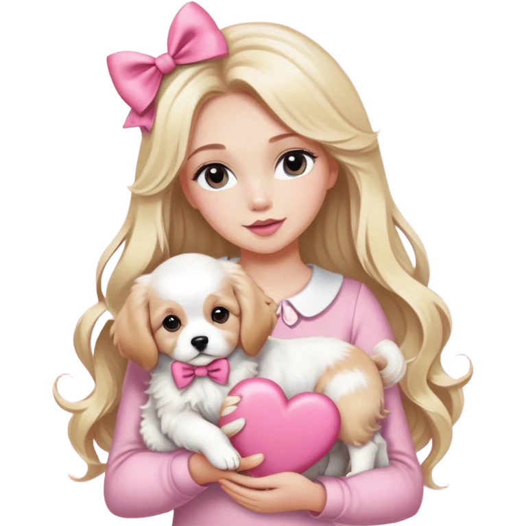 Pretty blonde bombshell girl with long hair and highlights. She has long eyelashes and a pink bow in her hair. She is holding a cavalier puppy and a Great Pyrenees puppy in her arms and there is a huge heart behind her emoji