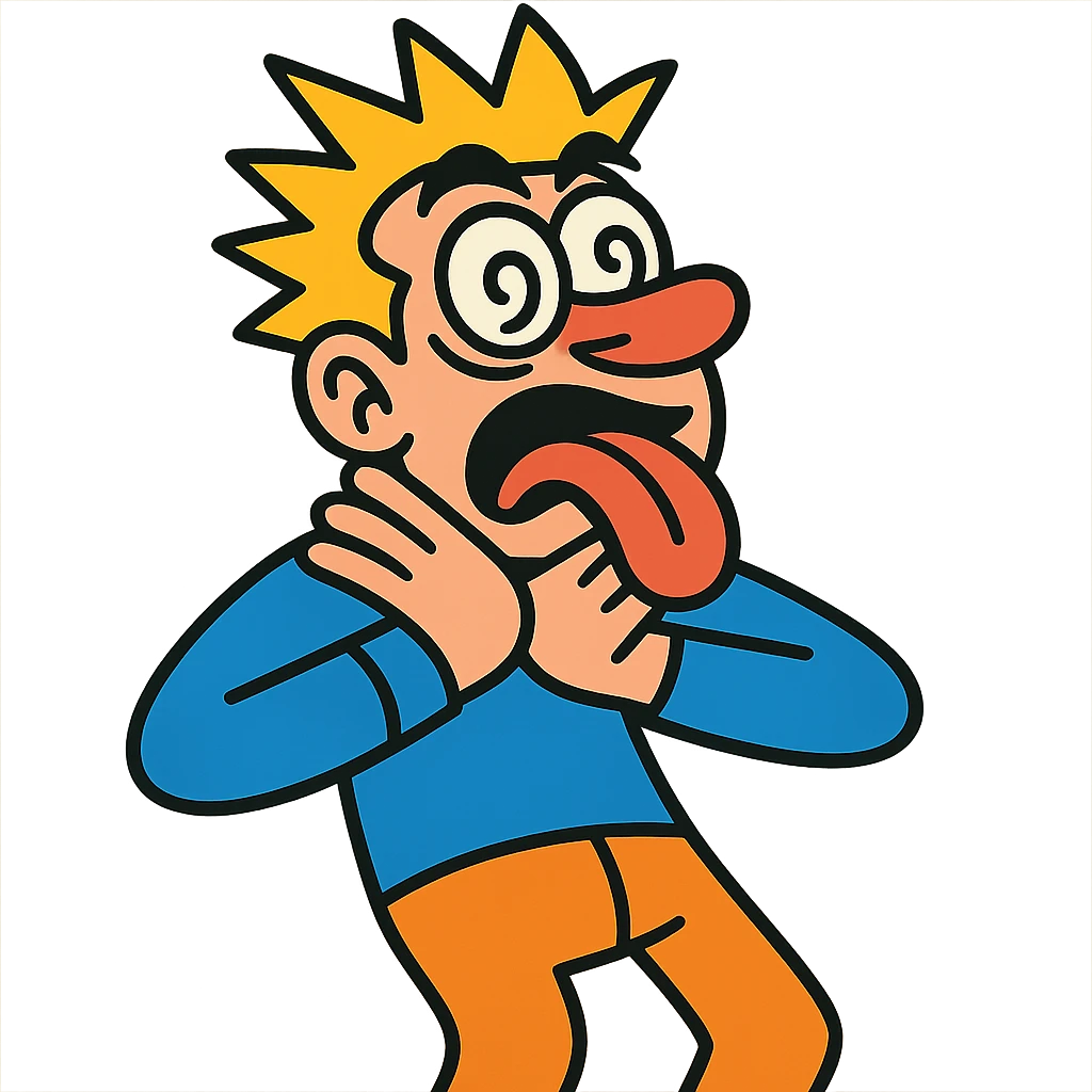exaggerated slapstick person with crossed eyes, tongue out, hands on neck, comic style, playful and humorous emoji