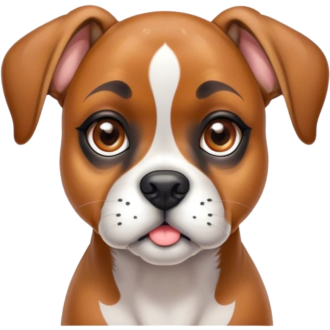 Cinematic Cute Fawn Boxer dog Portrait Emoji, Head tilted playfully and inquisitively, with a glossy fawn Fur highlighted by a white muzzle and chest, round, sparkling brown eyes filled with curiosity, Simplified yet irresistibly adorable features, highly detailed, glowing with a warm, friendly glow, high shine, affectionate and lively, stylized with a touch of whimsy, bright and endearing, soft glowing outline, capturing the essence of a mischievous yet loving pup, so playful it feels like it could bound out of the screen and into your arms! emoji