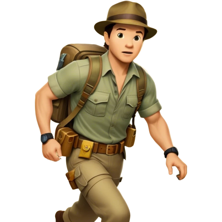 A vintage movie poster-style collage. Include action-packed elements like a treasure map, jungle scenes, a rugged explorer with a compass and a speeding jeep. Add a shadowy figure resembling close-up Mark Wahlberg in adventurous gear. Jungle background. Transparent background. emoji