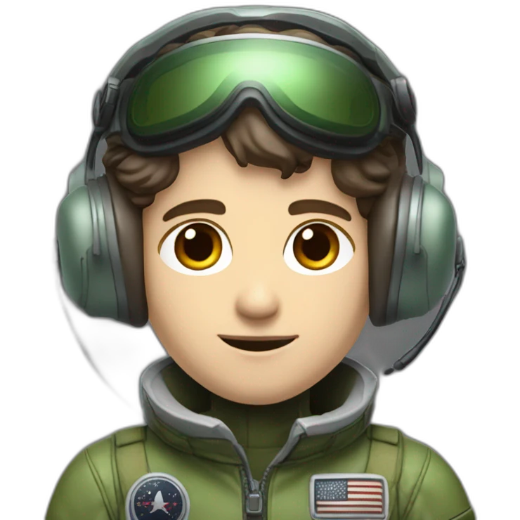 A young white male tennager with a thin face with dark brown hair and brown eyes in a pilot suit and wearing a green Pilot headset emoji