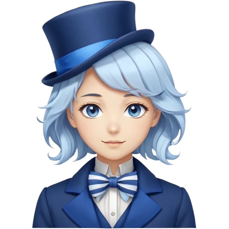 Beautiful gorgeous anime lady with white wavy hair with thin blue stripes, blue eyes, blue short top hat with a blue bow tie, smug grin, blue coat, blue cravat, white gloves emoji