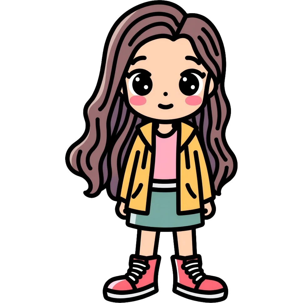 Girly girl with feminine features, long hair, cute outfit emoji