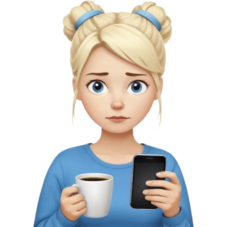 Cartoon emoji of a Scandinavian-looking woman with light blonde hair, pale skin, blue eyes. Portrait mode. Messy bun, tired eyes, tense face. Holding phone and coffee, rushed posture. Clearly busy, overwhelmed, slightly miserable. Smooth, simple, stylized emoji