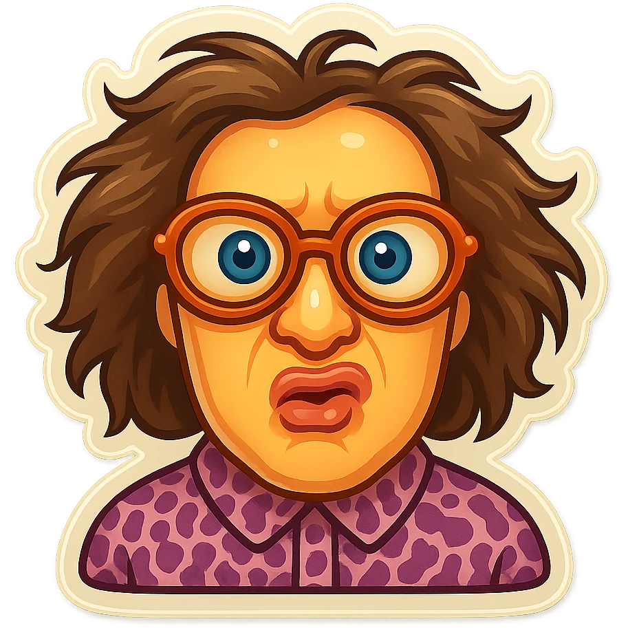 Create an emoji based on this person's appearance, focusing on the wild hair, glasses, and patterned shirt. Use a fun, expressive style suitable for emoji, in a retro stickers style. emoji
