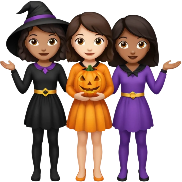 Three best girlfriends cute Halloween with dark brown hair. One African-American, one Asian, one Caucasian. emoji