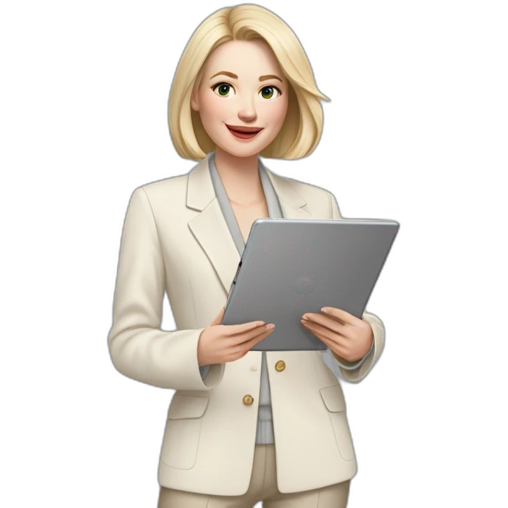 pale skin woman with ash blonde Straightened bob Hair, White Spacious classical jacket, beige palazzo Arrow pants and gray blouse holding a IPad Pro 12.9” in the hands emoji