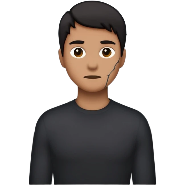 Minimalist emoji-style sticker of a person standing in front of a cracked mirror. The mirror shows a dark shadowy silhouette or distorted figure instead of a reflection. Flat black and white design with muted gray tones. No text. Bold, clean lines. Square composition. No shading or gradients. emoji