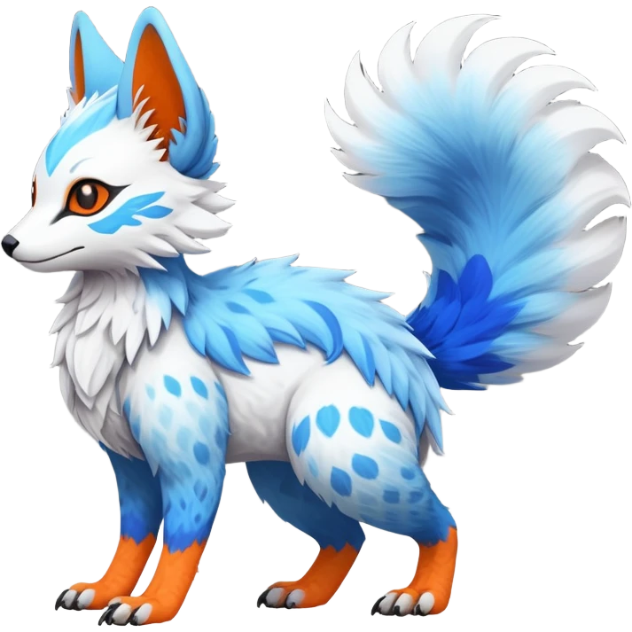 Rare realistic exotic white and neon-blue and neon-orange epic pretty beautiful handsome gorgeous aesthetic colorful vibrant Vernid-Trico-species-Fakemon-creature by LiLaiRa, 4 legs, 1 tail, random markings, (full body) tufted tail  emoji