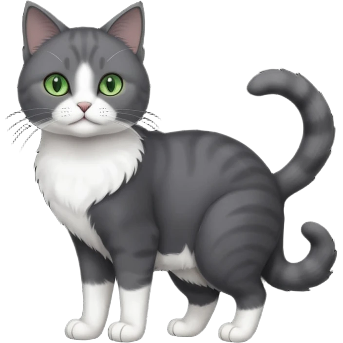 full body view of beautiful female solid dark grey cat with green eyes, white toes/paws and white patch on her chest emoji