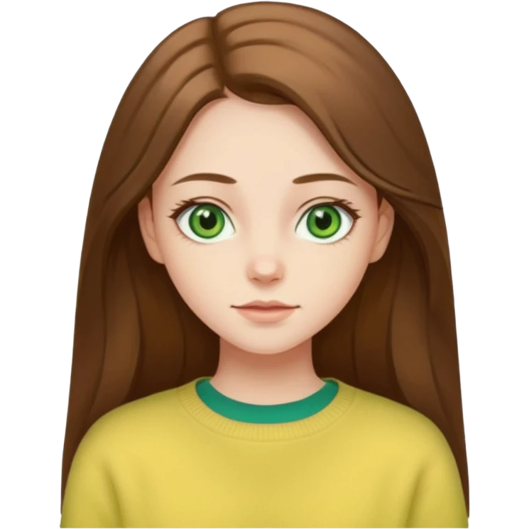 please create an emoji of a semi pale girl with long brown hair, green eyes, wearing a pastel yellow sweater emoji