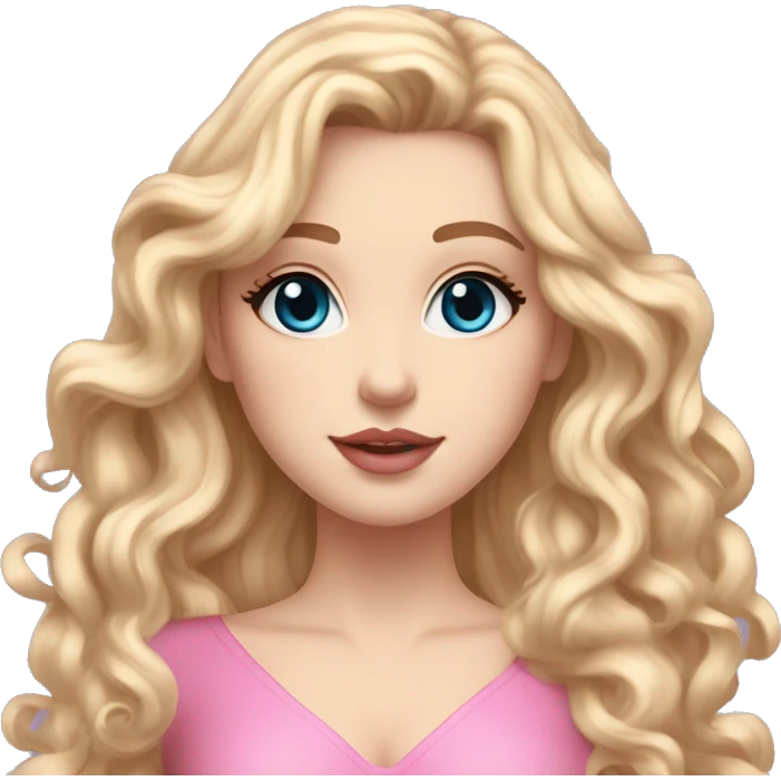 White girl 🧝🏻‍♀️, blue eyes, blond very long curly hair, pink lips, black arrows and brown eyeshadows, pink sexy dress. Background long. Magnolia 🌸 levitate. emoji