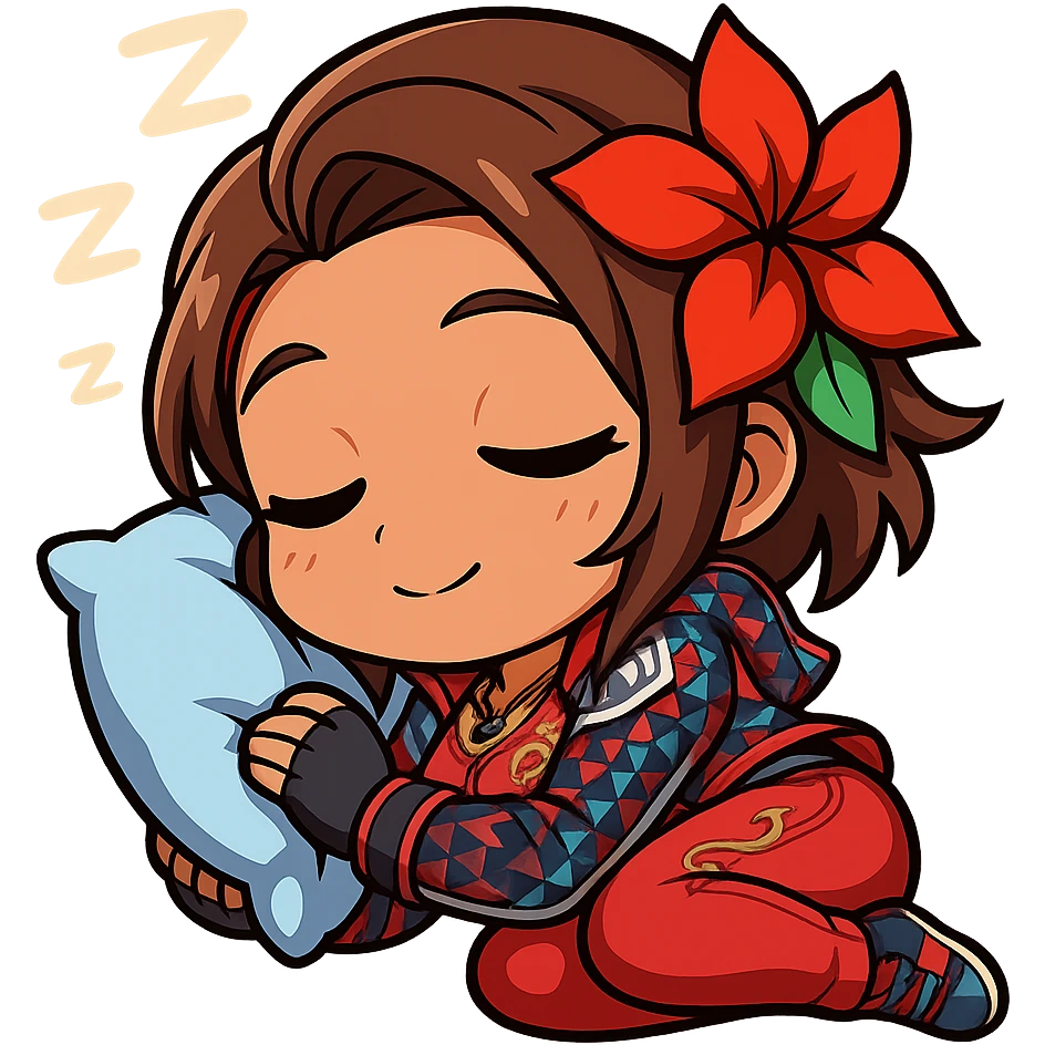 Azucena from Tekken 8 in chibi sticker style, sleeping peacefully with a little pillow, standard Twitch emote, wearing her detailed red and patterned outfit as shown in the reference images. emoji