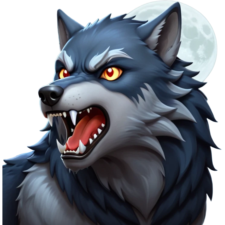 cinematic-noble-fierce-werewolf-howling-portrait-emoji, poised-and-imposing, with a fierce wolfish face tilted upwards in a haunting howl, glowing eyes full of primal ferocity, sharp, and a rugged snout, fur rippling in shades of midnight black and silver, muscles tensed as the powerful howl echoes beneath the moonlit sky; rendered with realism, capturing the raw, untamed power of the beast in its wild, primal state emoji