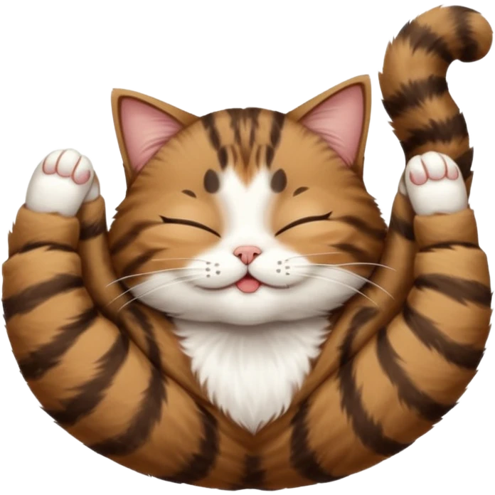 dark brown tabby and white cat in funny positions upside down with eyes closed emoji