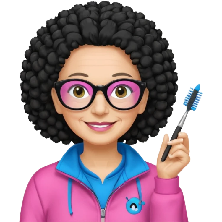 FEMME FRISÉ 60 ANS CHEVEUX NOIR FRISÉ LONG SOURIANTE AVEC CHANDAIL ROSE,   YEUX BLEU ET UN PINCEAU À LA MAIN LA MAIN AVEC 5 DOIGT SEULEMENT ET LUNETTE emoji