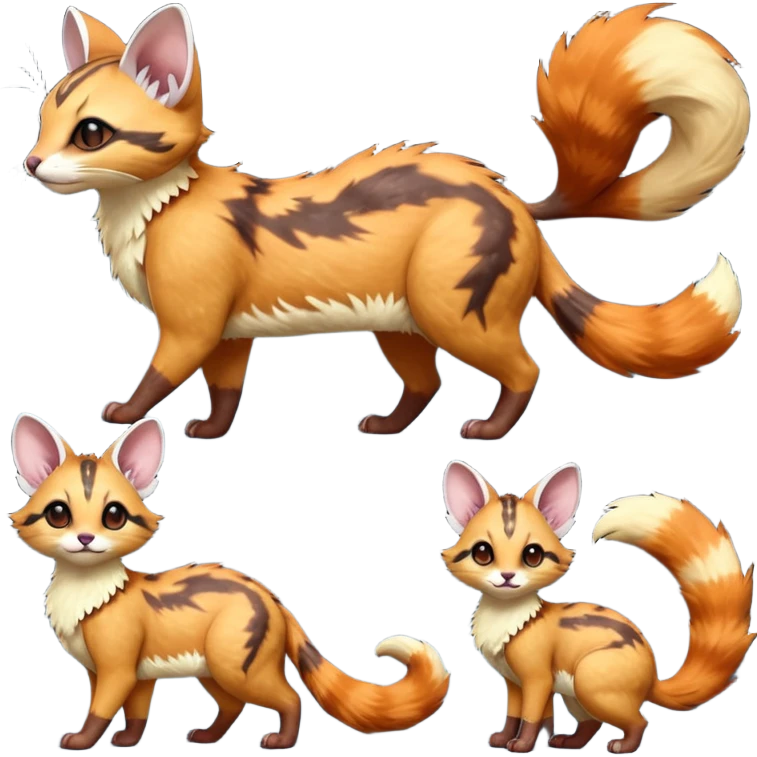 Hyper realistic  ember-rust copper fur molten with glowing magma seams and smoky tips beautiful elegant pretty precious cute  Fakémon-Pokémon-opossum-feline-serval-caracal-chinchilla-Furret-Minccino-hybrid-creature with a big fluffy bushy tail (full body) emoji