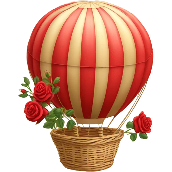 red hot air balloon and beige basket with roses emoji