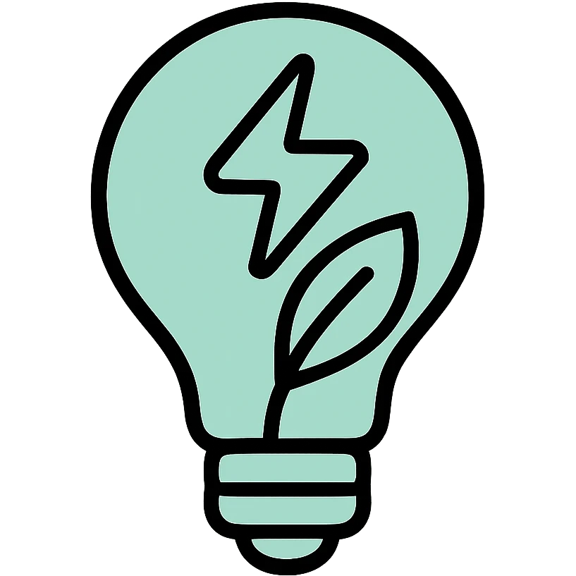Energy lightbulb with electric bolt and leaf inside, fluid dimensional design, techy style, black outlines with mint green #B5F4D3 fills emoji