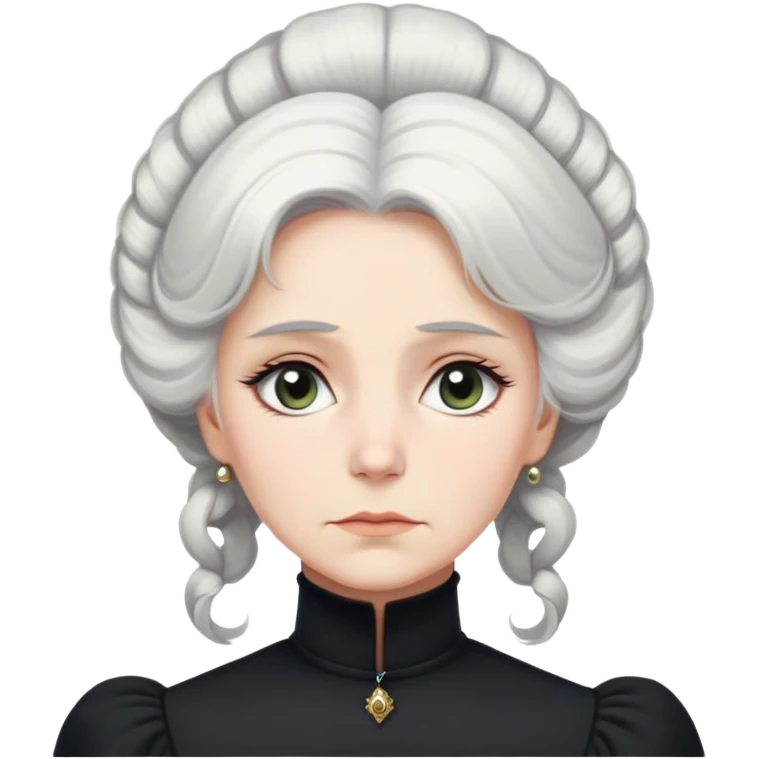 A Victorian woman with elegant coiffed white hair and light eyes wearing a modest black turtleneck mourning dress without jewelry looking down with a forlorn expression emoji